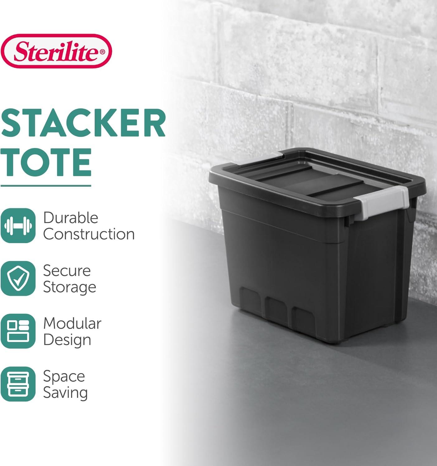 imageSterilite 6Pack 19 Gallon Stacker Tote Rugged Plastic Storage for Home Organization Black Stackable Organizer Bins with Recessed Lid amp HeavyDuty Latches for Closet Basement Garage and Attic24 Pack