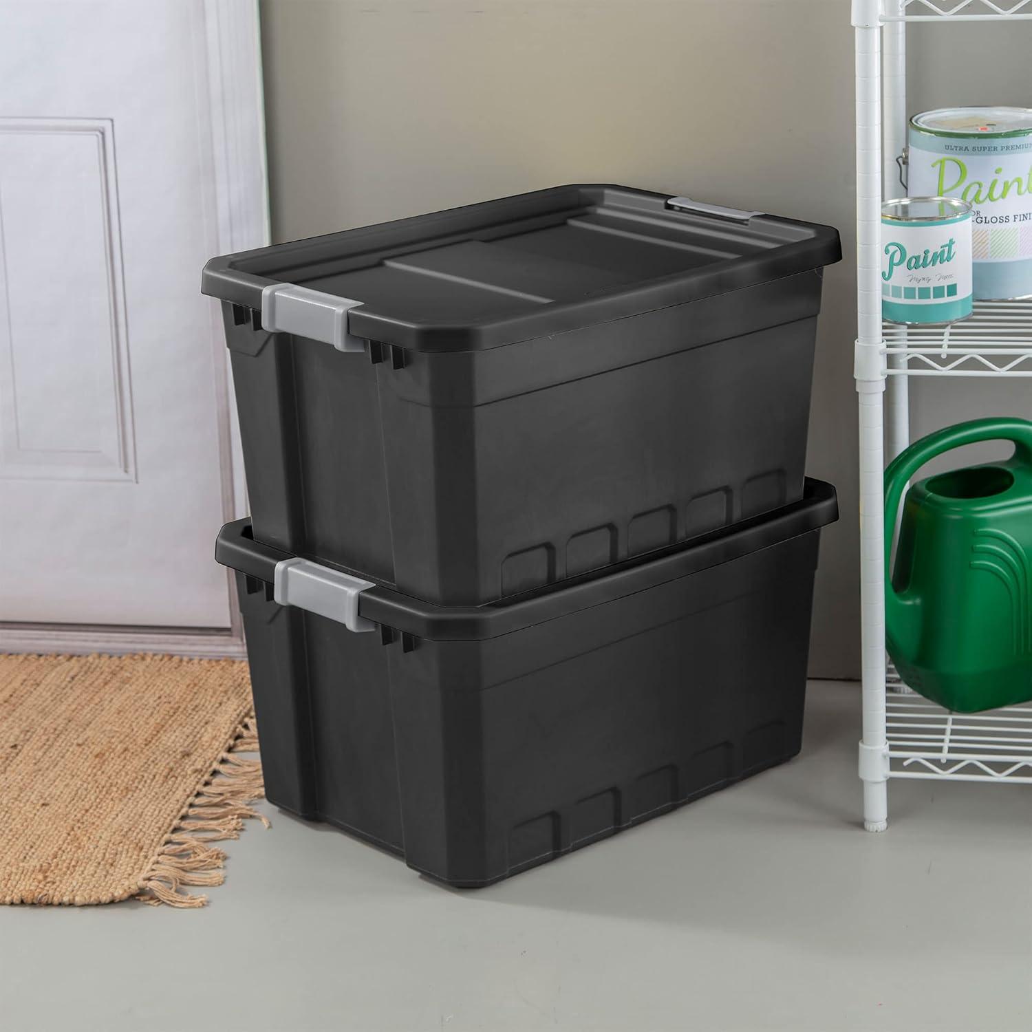 imageSterilite 6Pack 19 Gallon Stacker Tote Rugged Plastic Storage for Home Organization Black Stackable Organizer Bins with Recessed Lid amp HeavyDuty Latches for Closet Basement Garage and Attic19 Gallon