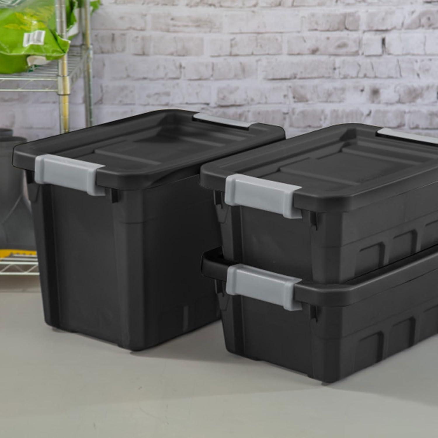 imageSterilite 6Pack 19 Gallon Stacker Tote Rugged Plastic Storage for Home Organization Black Stackable Organizer Bins with Recessed Lid amp HeavyDuty Latches for Closet Basement Garage and Attic24 Pack
