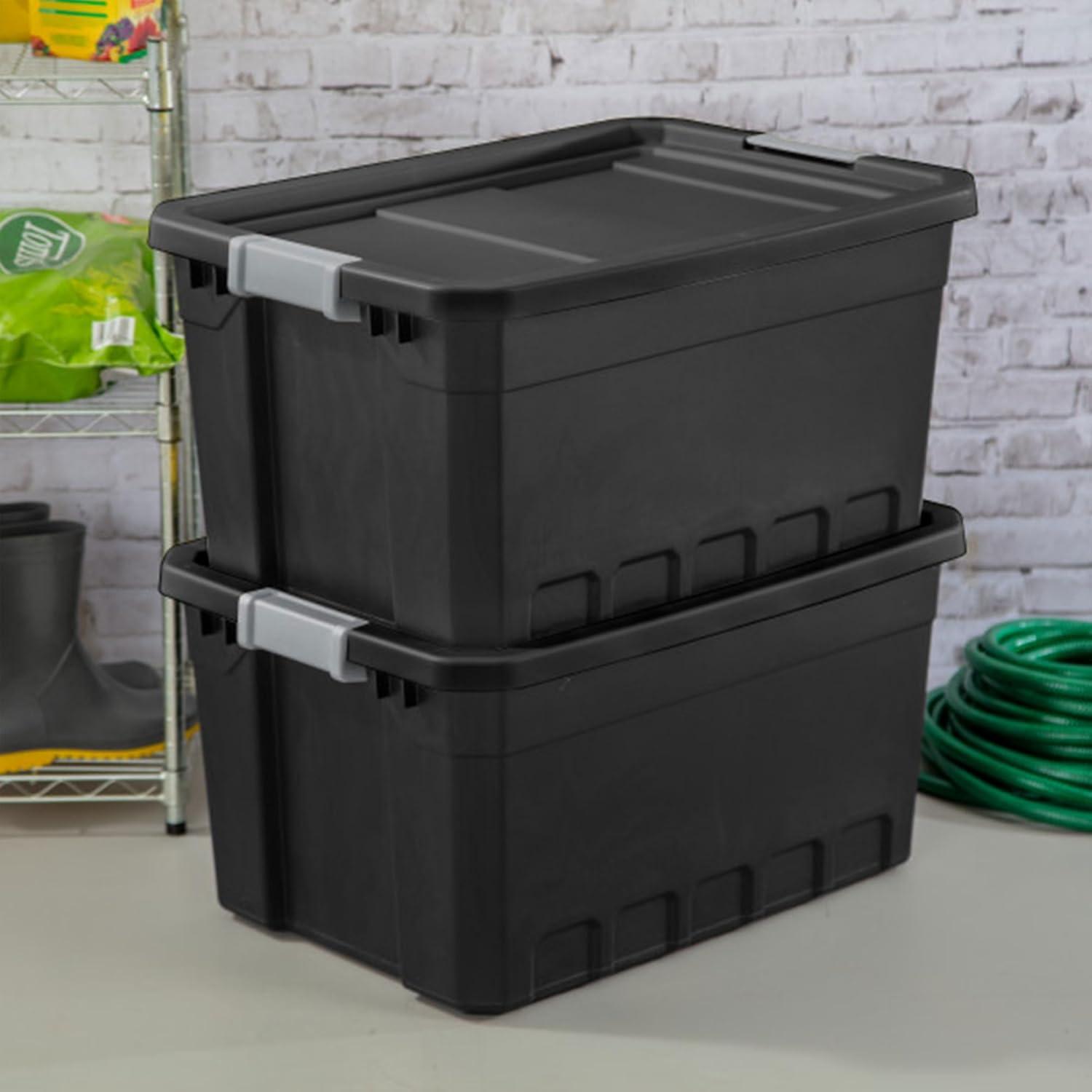 imageSterilite 6Pack 19 Gallon Stacker Tote Rugged Plastic Storage for Home Organization Black Stackable Organizer Bins with Recessed Lid amp HeavyDuty Latches for Closet Basement Garage and Attic19 Gallon