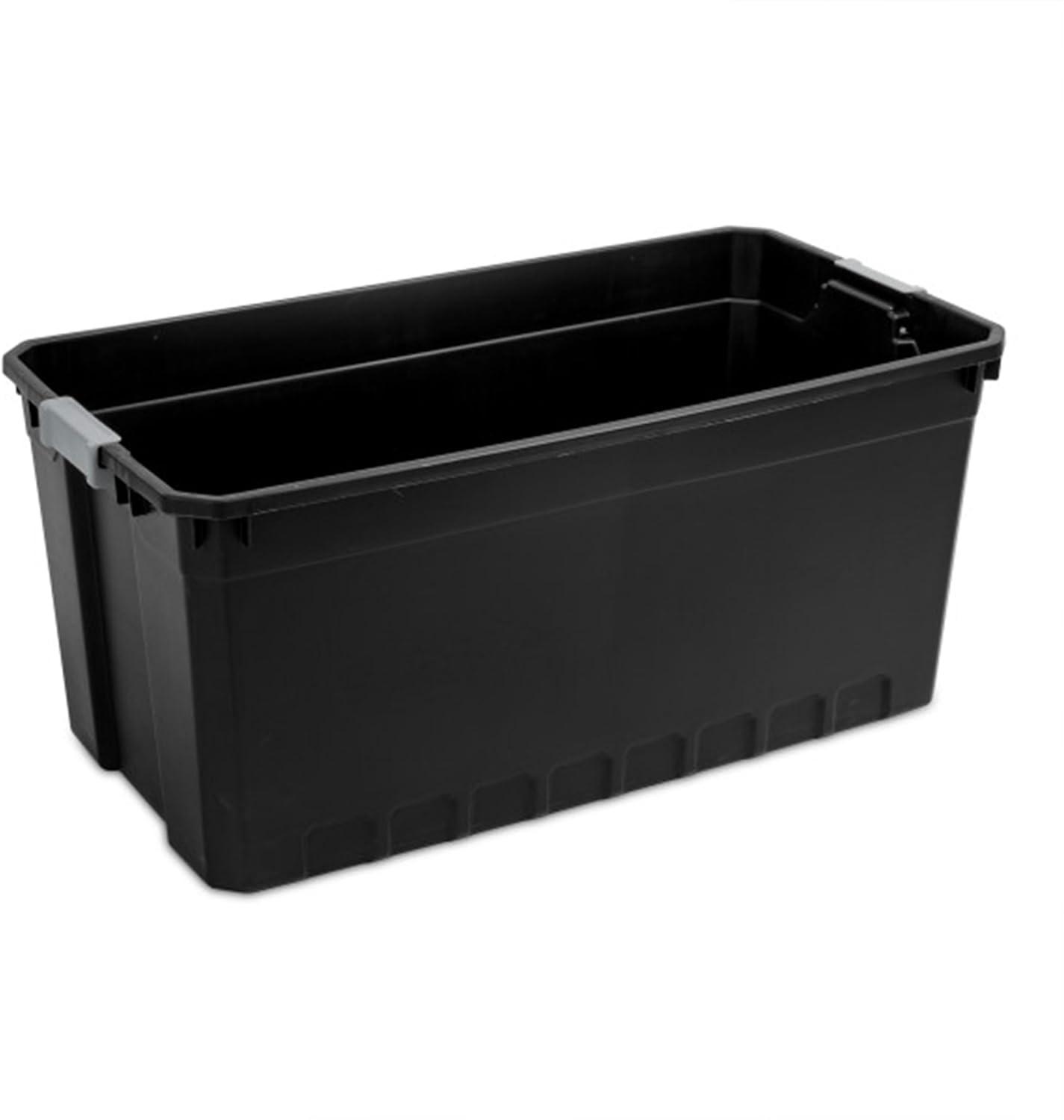 imageSterilite 6Pack 19 Gallon Stacker Tote Rugged Plastic Storage for Home Organization Black Stackable Organizer Bins with Recessed Lid amp HeavyDuty Latches for Closet Basement Garage and Attic50 Gallon