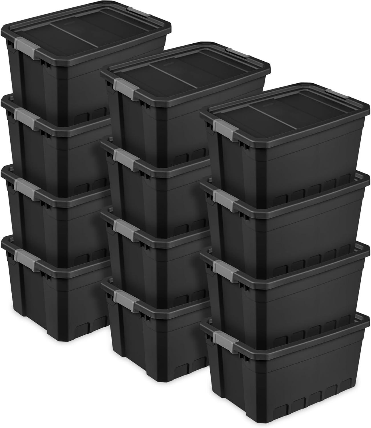 imageSterilite 6Pack 19 Gallon Stacker Tote Rugged Plastic Storage for Home Organization Black Stackable Organizer Bins with Recessed Lid amp HeavyDuty Latches for Closet Basement Garage and Attic19 Gallon