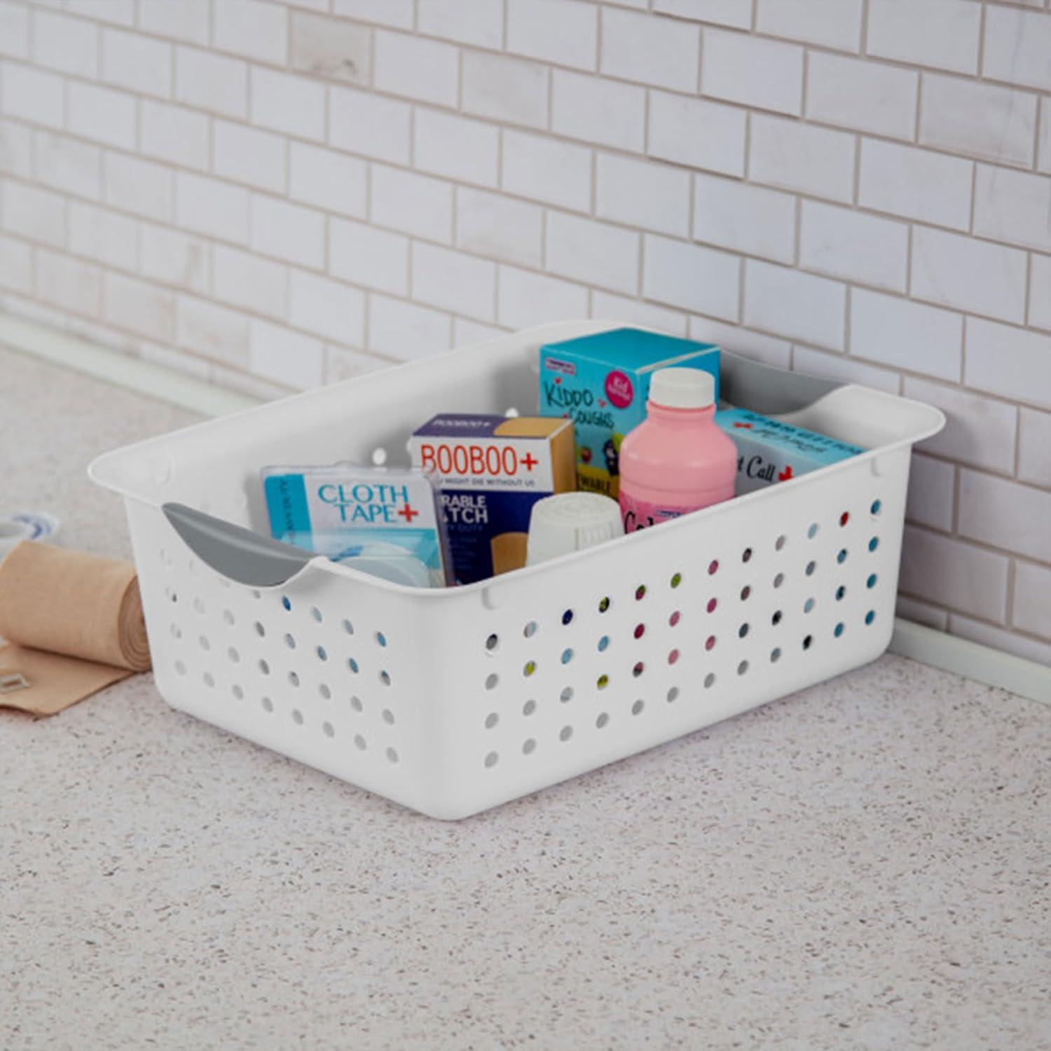 imageSterilite 6Pack Medium Ultra Basket Open Top Plastic Storage Organizer White Classic Baskets for Organizing Countertops Pantry Shelves Kitchen Cabinets Laundry Rooms or Home Offices6 Pack