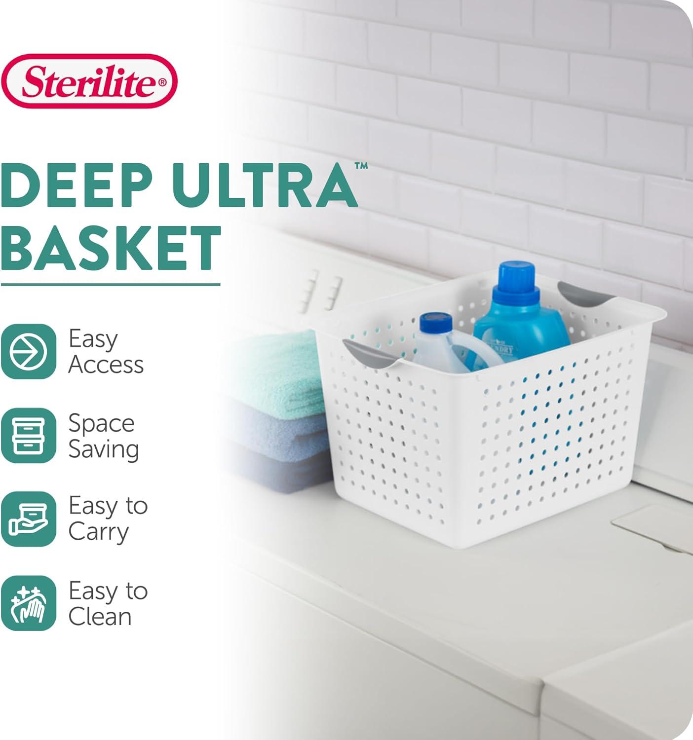 imageSterilite 6Pack Medium Ultra Basket Open Top Plastic Storage Organizer White Classic Baskets for Organizing Countertops Pantry Shelves Kitchen Cabinets Laundry Rooms or Home Offices12 Pack