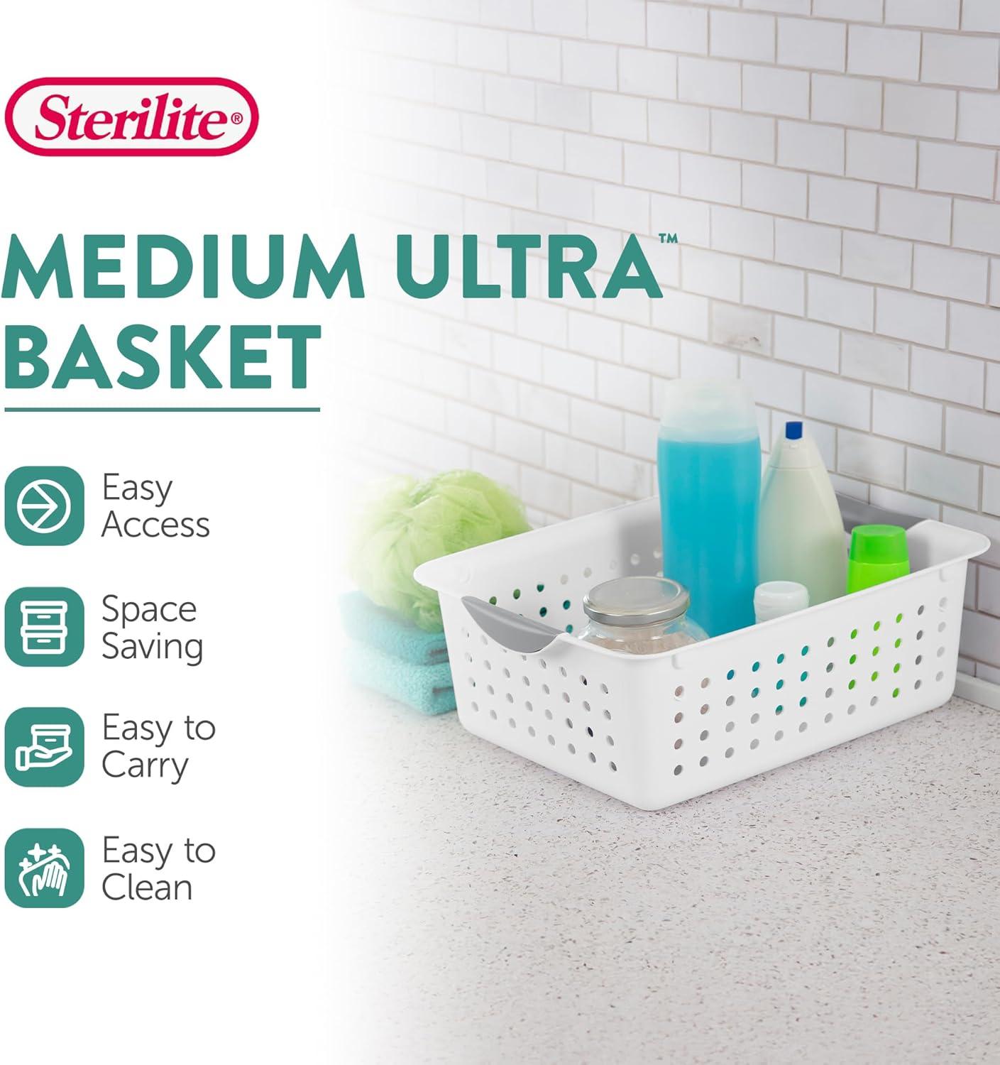 imageSterilite 6Pack Medium Ultra Basket Open Top Plastic Storage Organizer White Classic Baskets for Organizing Countertops Pantry Shelves Kitchen Cabinets Laundry Rooms or Home Offices18 Pack