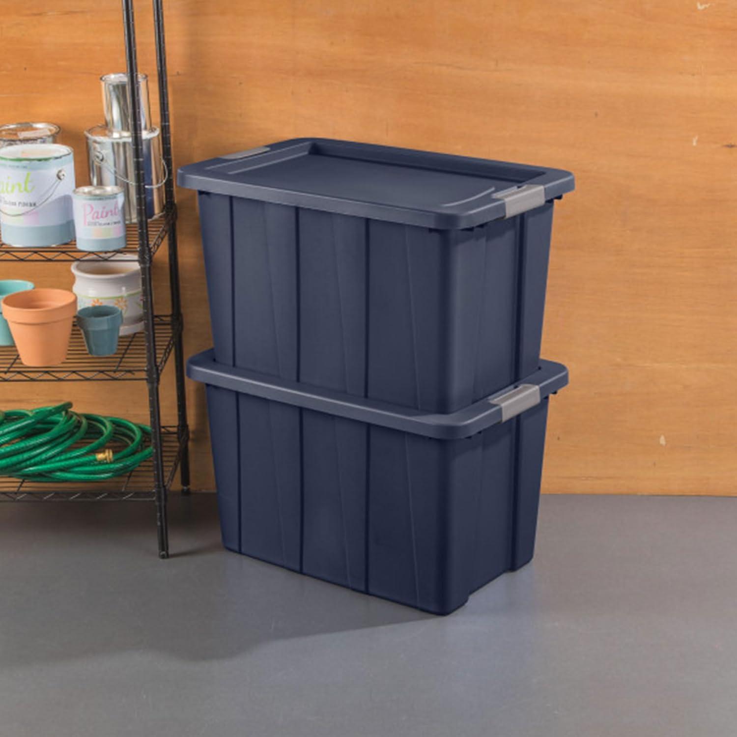 imageSterilite 6Pack Multipurpose Storage Bins with Latching Lids Heavy Duty Tote Bins 18 Gallon Flat Gray Stackable Plastic Storage Container TubsDark Indigo