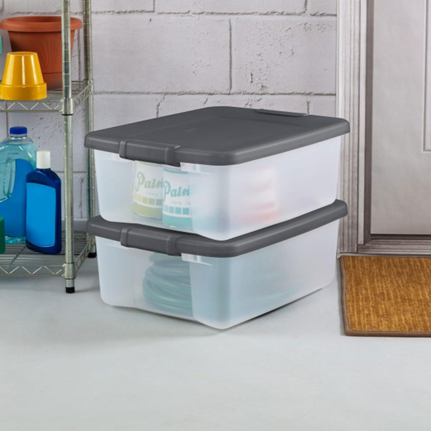 imageSterilite 6Pack ShelfTote Clear Plastic Storage Bins with Lids 25 Quart Gray Stackable Organizing Container Boxes for Closet Bathroom and Office