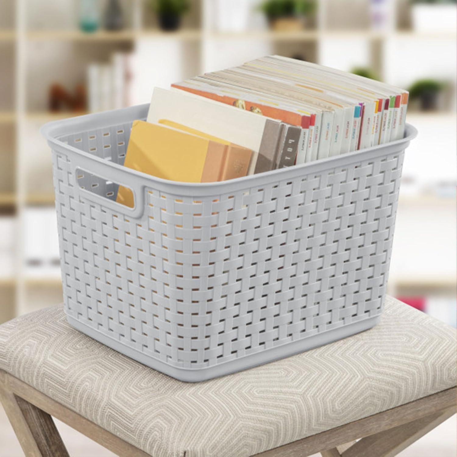 imageSterilite 6Pack Tall Weave Basket Woven Plastic Storage Baskets for Organization Cement Gray Organizing Bin Containers with Handles for Bedroom Bathroom Dorm Laundry Room and ClosetCement