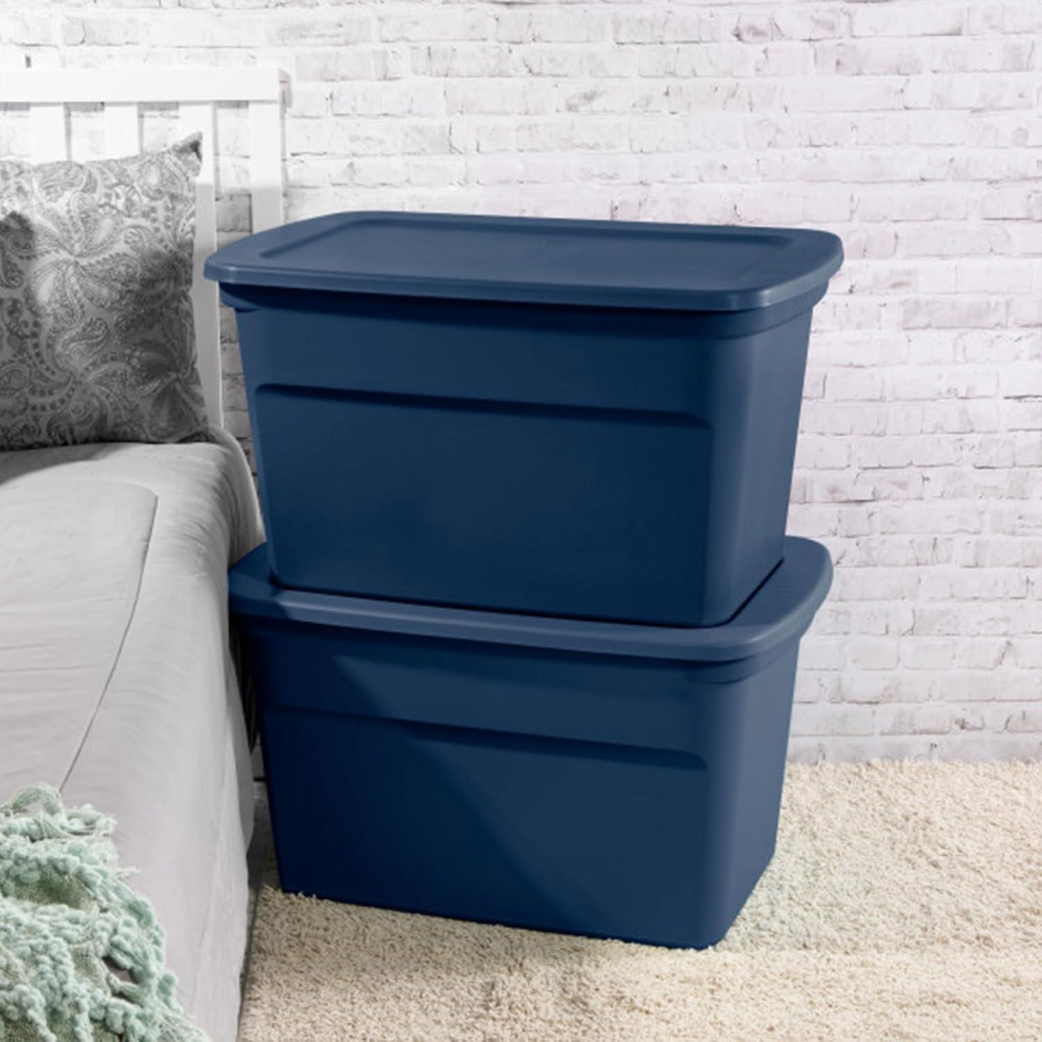 imageSterilite 6Pack Tote Plastic Storage Bins with Snap Lids 30 Gallon Marine Blue Stackable Home Organizers with InMolded Handles for Bedroom Garage Basement and AtticMarine Blue