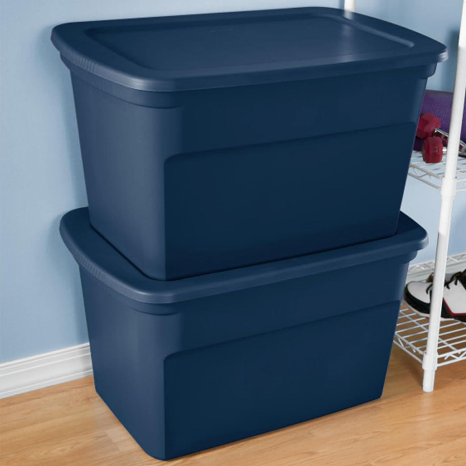 imageSterilite 6Pack Tote Plastic Storage Bins with Snap Lids 30 Gallon Marine Blue Stackable Home Organizers with InMolded Handles for Bedroom Garage Basement and AtticMarine Blue