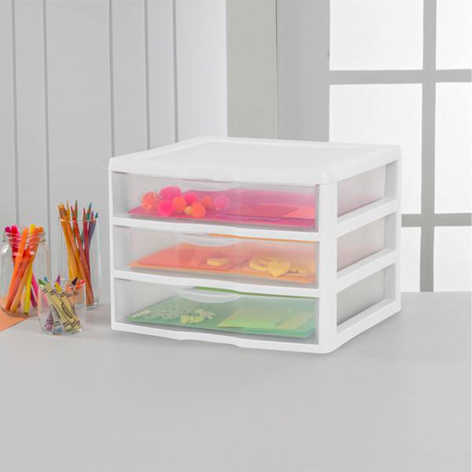 imageSterilite 6Pack Wide 3 Drawer Unit Plastic Desktop Organizer with Clear Drawers White Frame Stackable MultiPurpose Storage for Office Supplies Craft Rooms Classrooms and Home Organization12 Pack