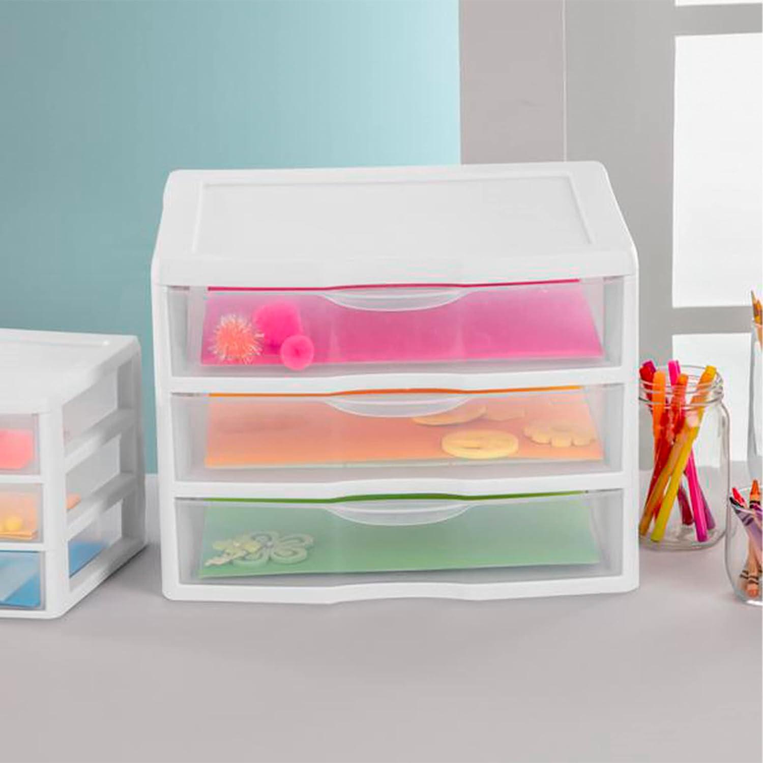 imageSterilite 6Pack Wide 3 Drawer Unit Plastic Desktop Organizer with Clear Drawers White Frame Stackable MultiPurpose Storage for Office Supplies Craft Rooms Classrooms and Home Organization12 Pack