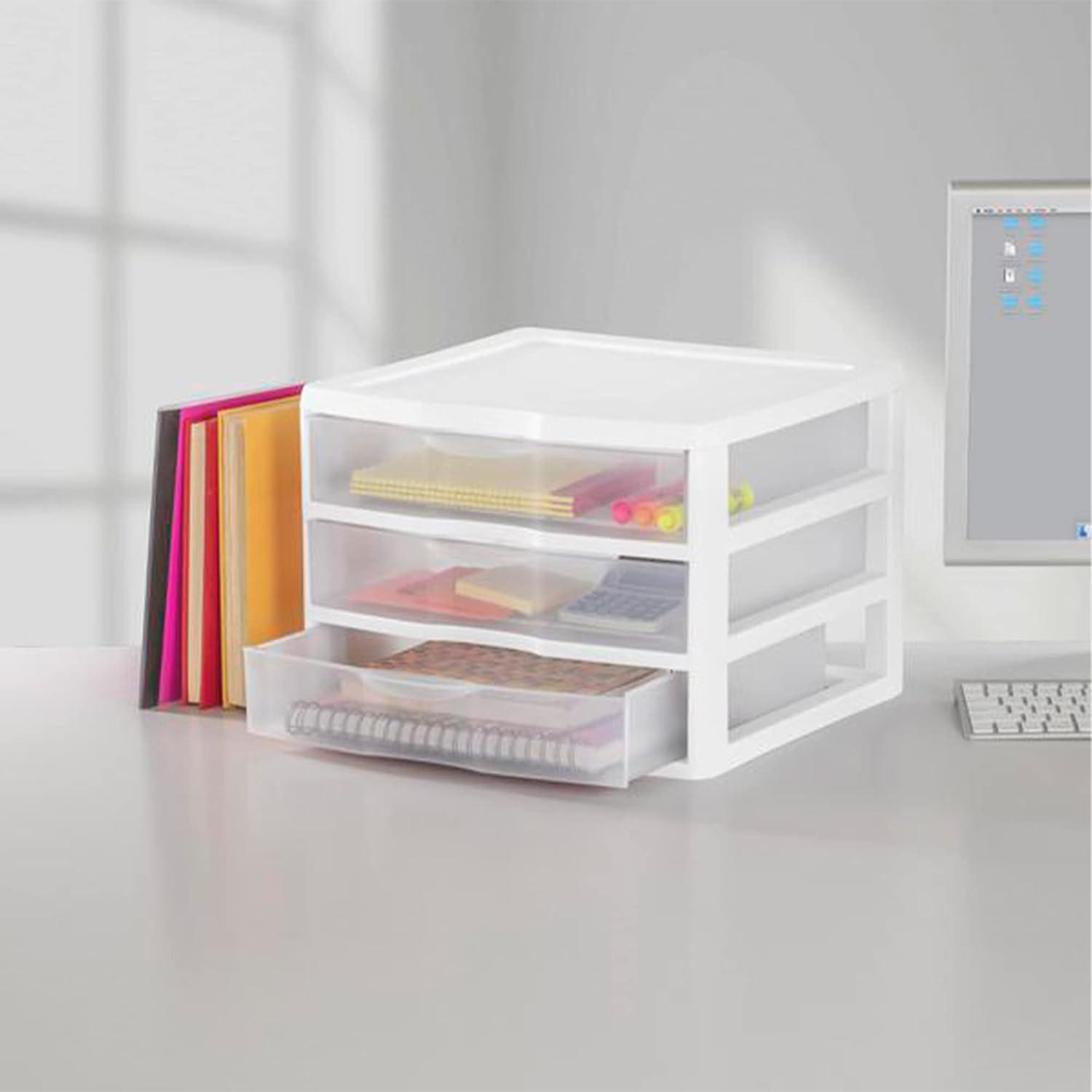 imageSterilite 6Pack Wide 3 Drawer Unit Plastic Desktop Organizer with Clear Drawers White Frame Stackable MultiPurpose Storage for Office Supplies Craft Rooms Classrooms and Home Organization12 Pack