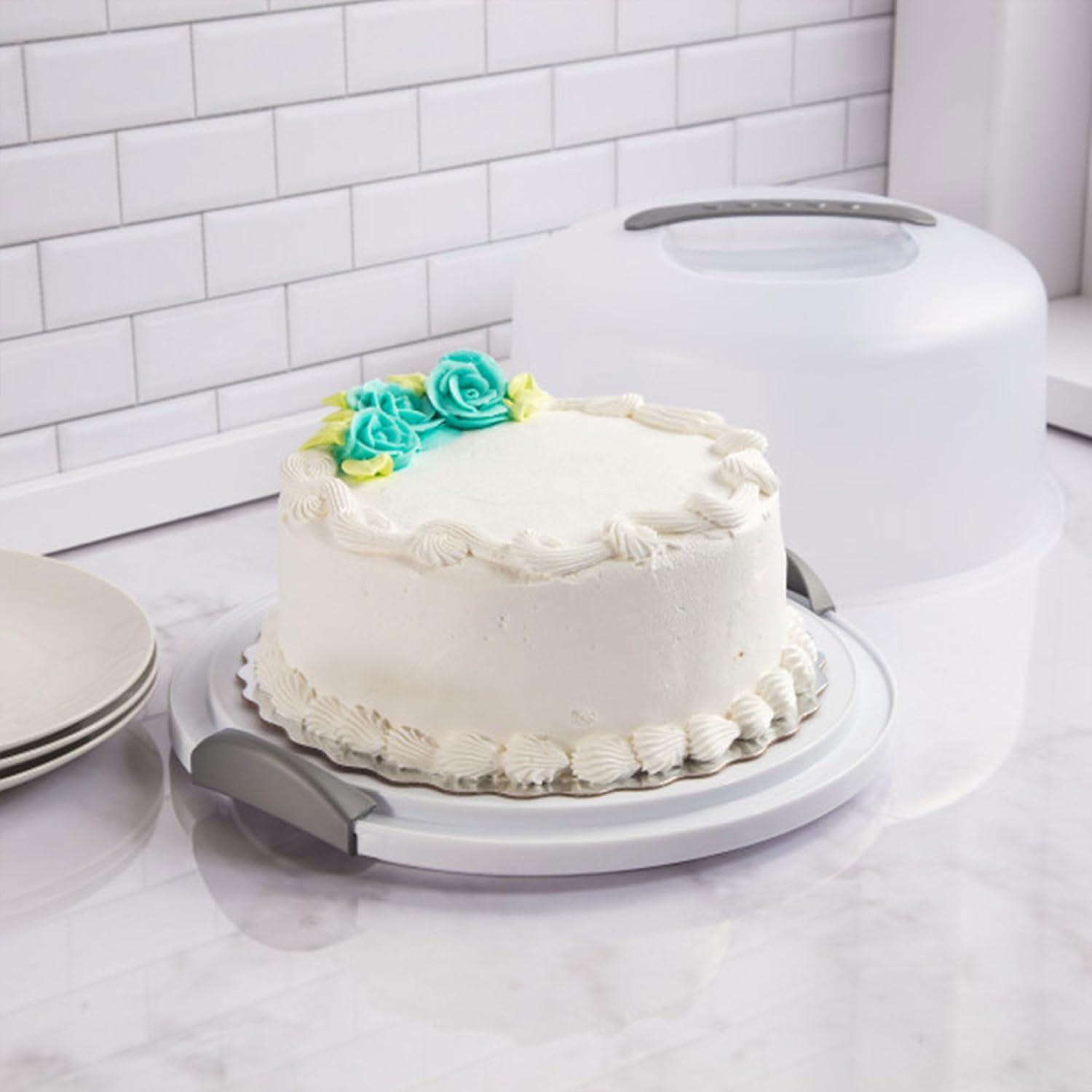 imageSterilite Cake Server Plastic Food Storage Container with Lid Latches and Handle Dessert Carrier Dishwasher Safe Clear Lid and White Base 4Pack12 Round Cake