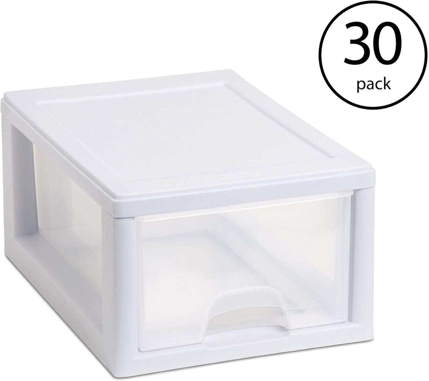 imageSterilite Clear Plastic Stackable Storage Drawer Container Box with White Frame 30 Pack