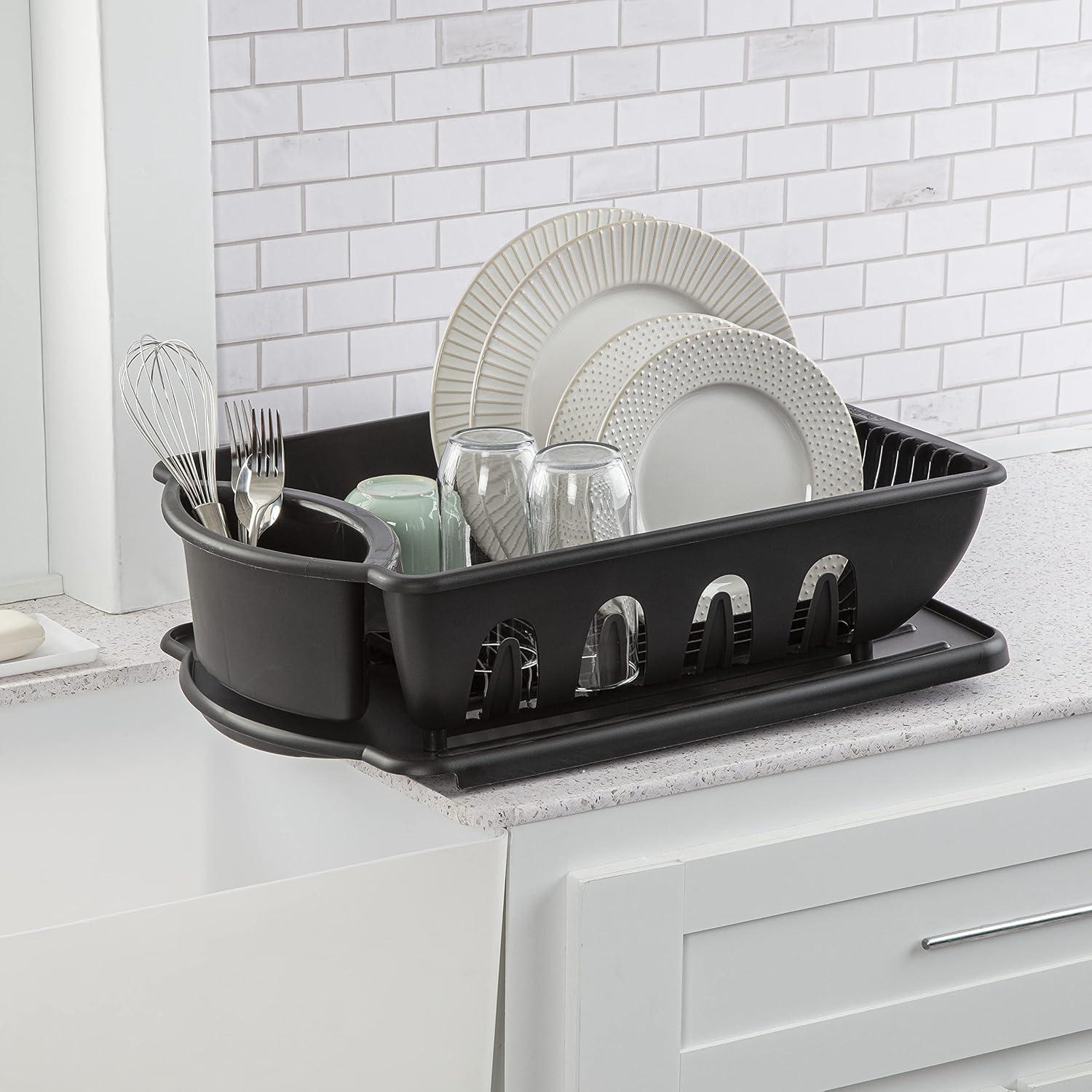 imageSterilite Large 2 Piece Sink Set with Drainboard for Drying Holds Clean Dishes in the Kitchen such as Plates Cups and Silverware White 6PackBlack