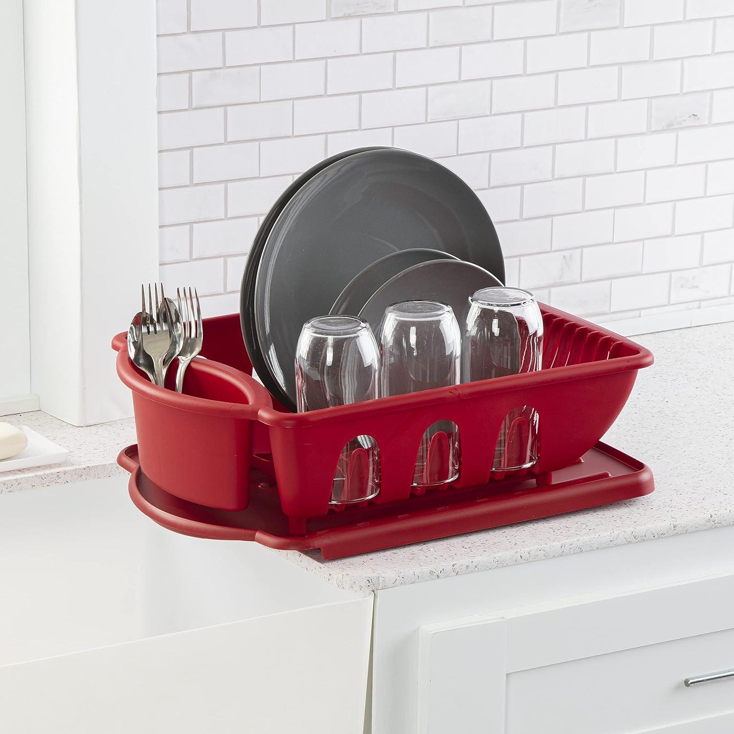 imageSterilite Large 2 Piece Sink Set with Drainboard for Drying Holds Clean Dishes in the Kitchen such as Plates Cups and Silverware White 6PackClassic Red