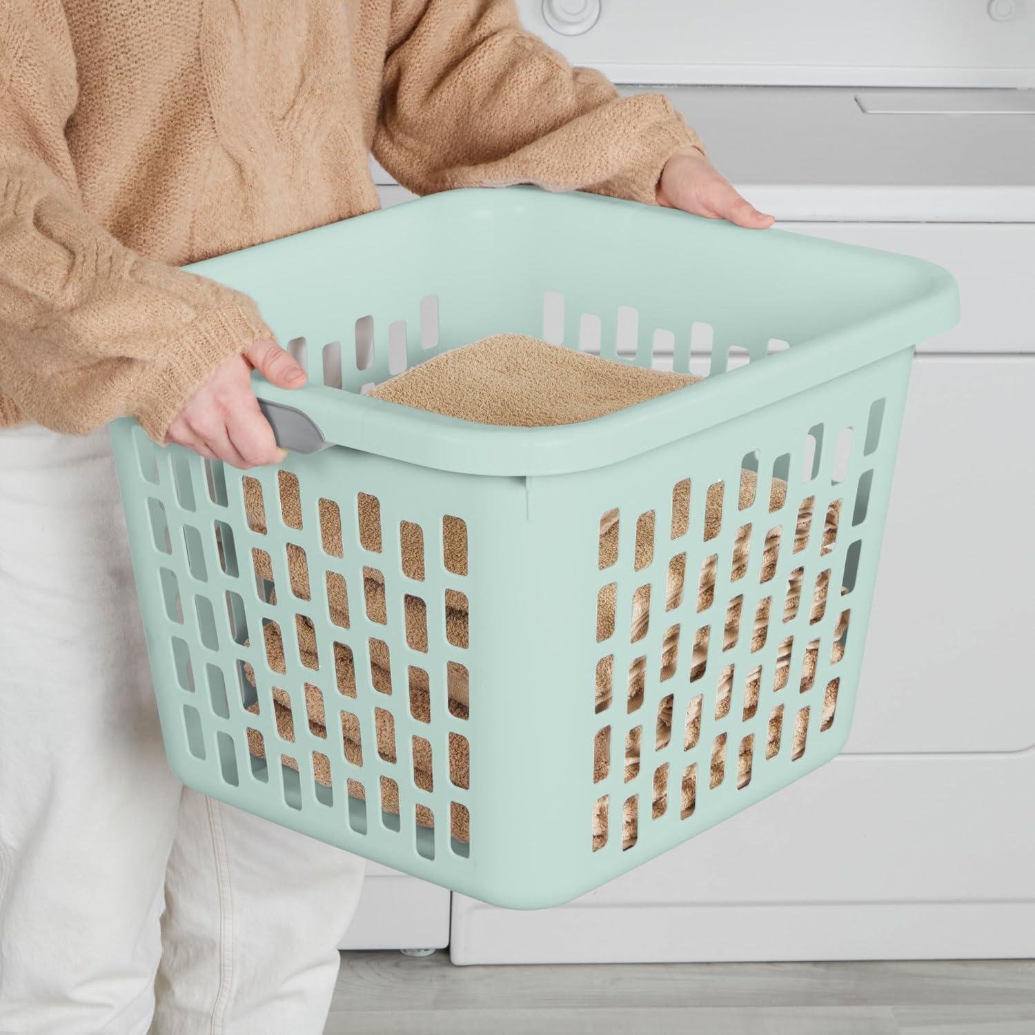 imageSterilite Laundry Basket Plastic Clothes Hamper Large Square Bin with Comfort Grip Handles and Reinforced Rim 15 Bushel Capacity Mint 6 Pack10 Bushel Mint