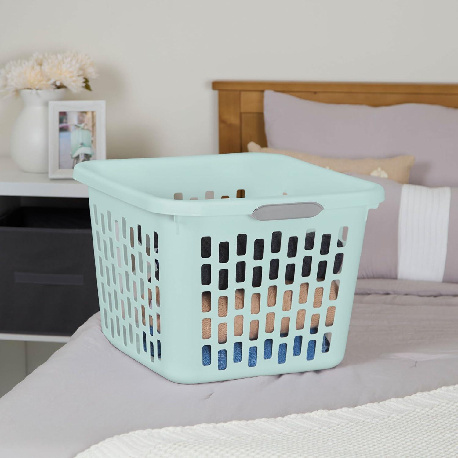 imageSterilite Laundry Basket Plastic Clothes Hamper Large Square Bin with Comfort Grip Handles and Reinforced Rim 15 Bushel Capacity Mint 6 Pack10 Bushel Mint