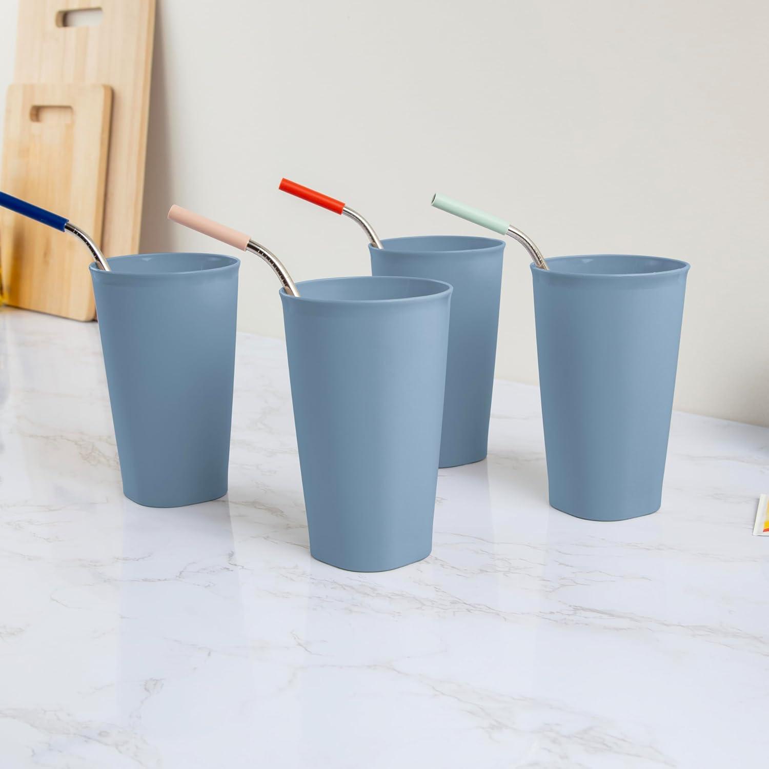 imageSterilite Set of Four 20 Oz Tumblers Reusable Plastic Cups For Drinking Water or Juice Freezer and Dishwasher Safe Blue 8PackWashed Blue
