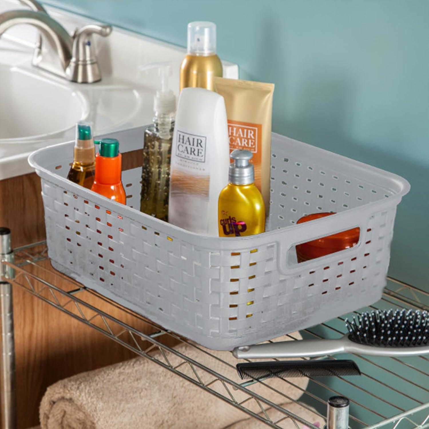 imageSterilite Short Plastic Weave Storage Basket Bin Organization for Countertops Tabletops and Shelves for Crafts Jewelry Gray 6PackCement