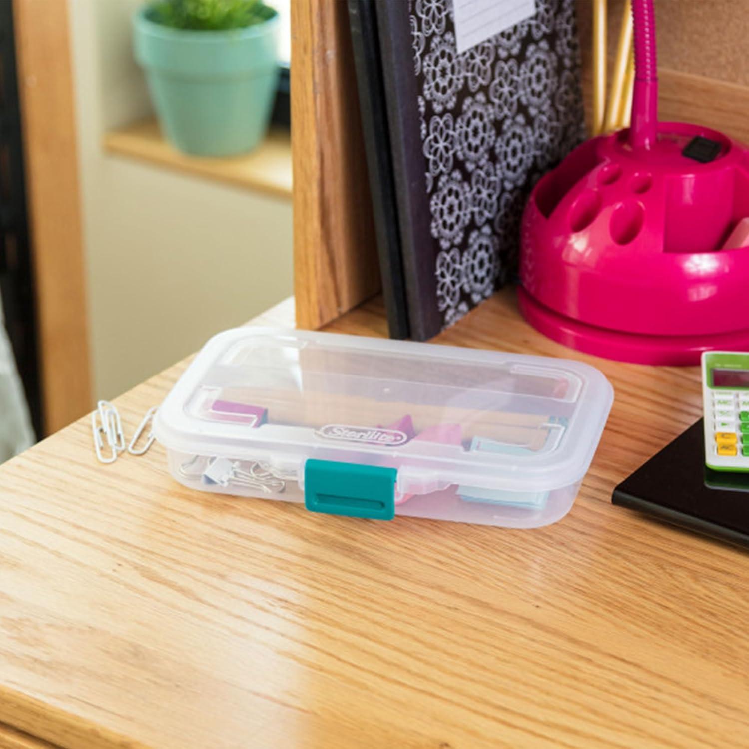imageSterilite Small Divided Pencil Box Stackable Plastic Small Storage Container with Latching Lid Organize Pens and Small Items Clear Case 12 Pack12 Pack
