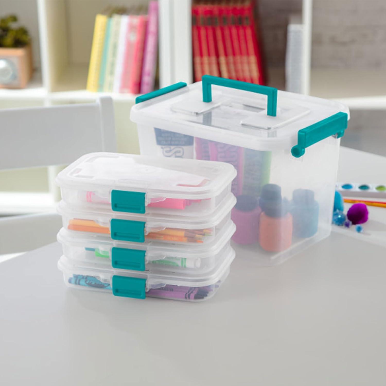 imageSterilite Small Divided Pencil Box Stackable Plastic Small Storage Container with Latching Lid Organize Pens and Small Items Clear Case 12 Pack12 Pack