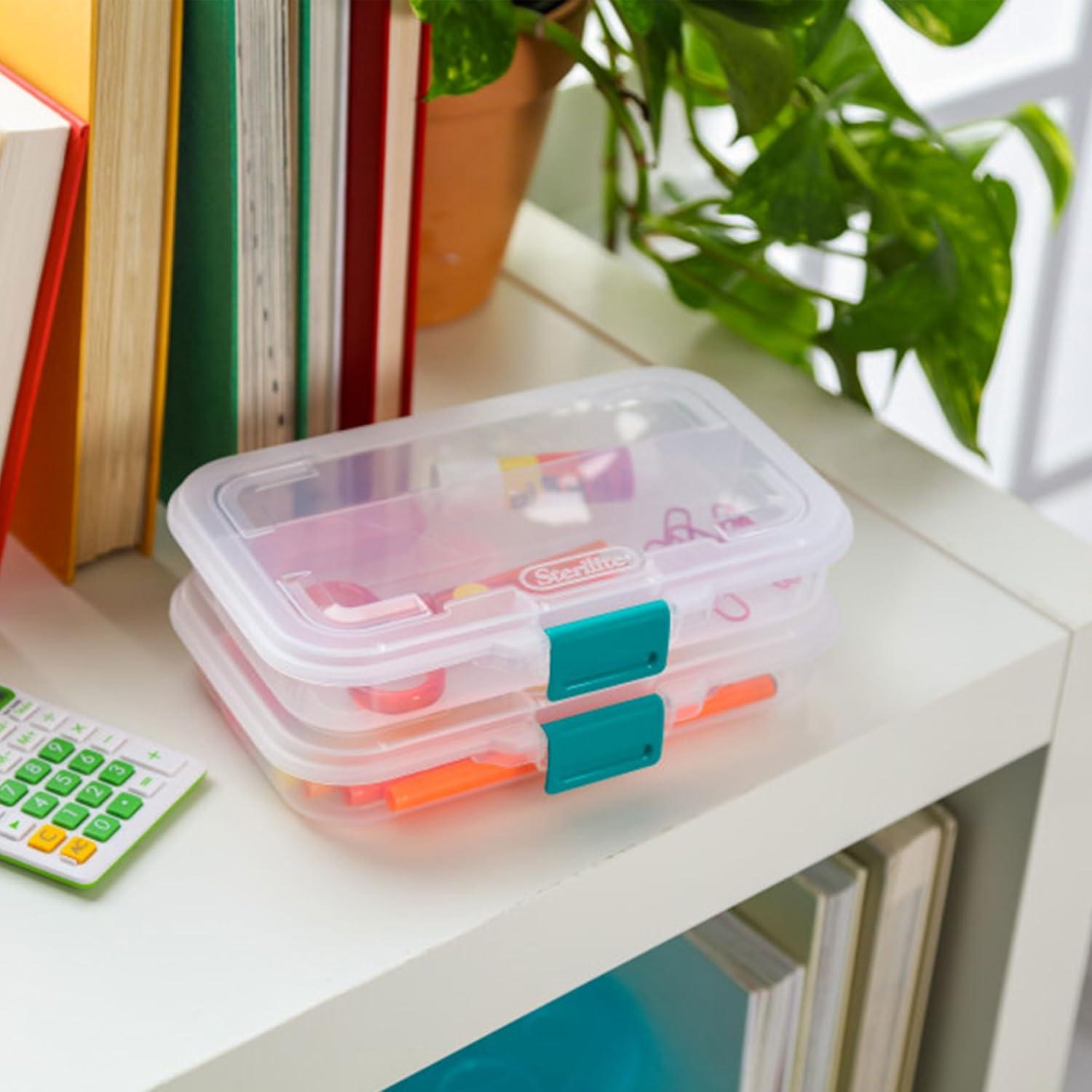 imageSterilite Small Divided Pencil Box Stackable Plastic Small Storage Container with Latching Lid Organize Pens and Small Items Clear Case 12 Pack12 Pack