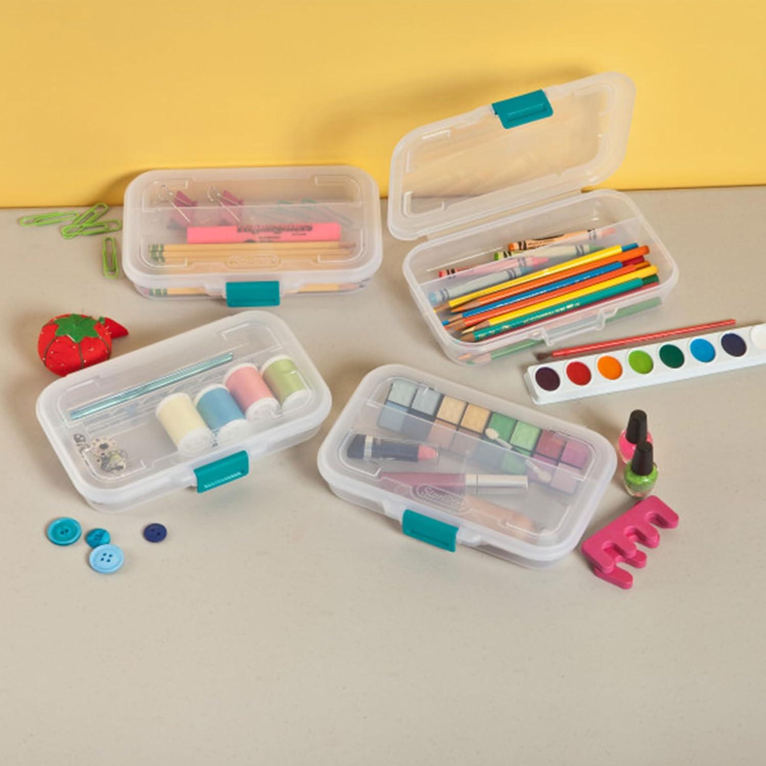 imageSterilite Small Divided Pencil Box Stackable Plastic Small Storage Container with Latching Lid Organize Pens and Small Items Clear Case 12 Pack12 Pack