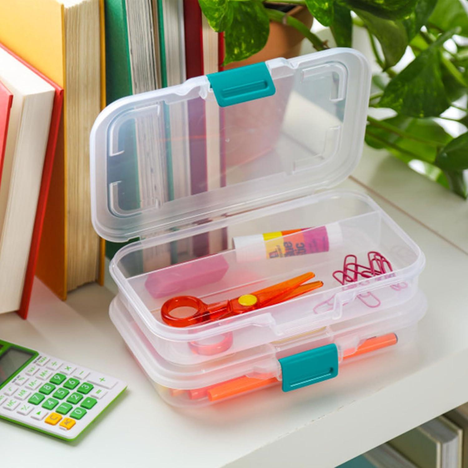 imageSterilite Small Divided Pencil Box Stackable Plastic Small Storage Container with Latching Lid Organize Pens and Small Items Clear Case 12 Pack12 Pack
