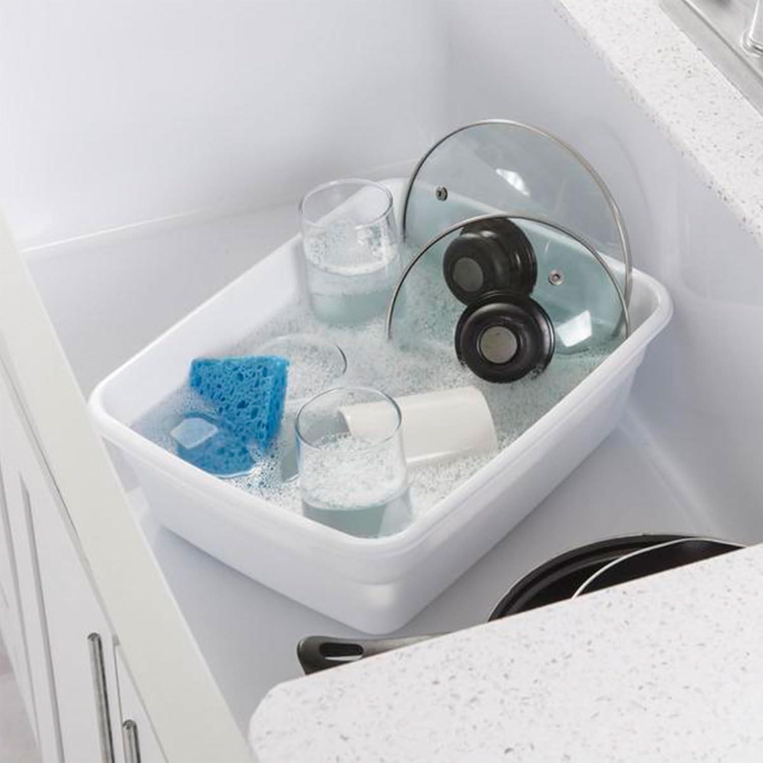 imageSterilite Small Portable Rectangle Plastic Heavy Duty Reinforced Plastic 8 Qt Kitchen Dish Pan Basin Container for Dishware amp Laundry White 12 Pack