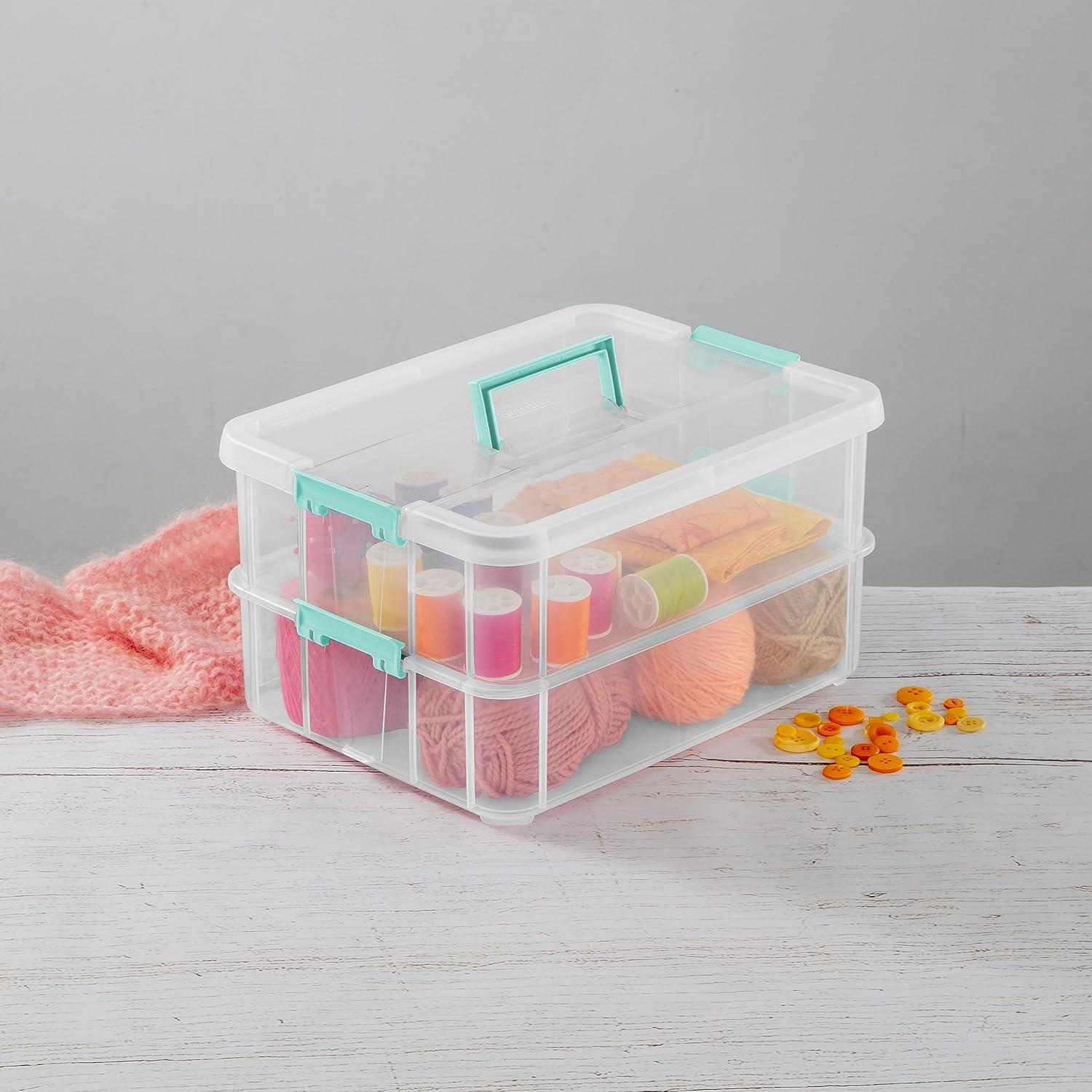 imageSterilite Stack and Carry 2 Layer Handle Box Stackable Plastic Small Storage Container with Latching Lid Bin to Organize Crafts Clear 4Pack