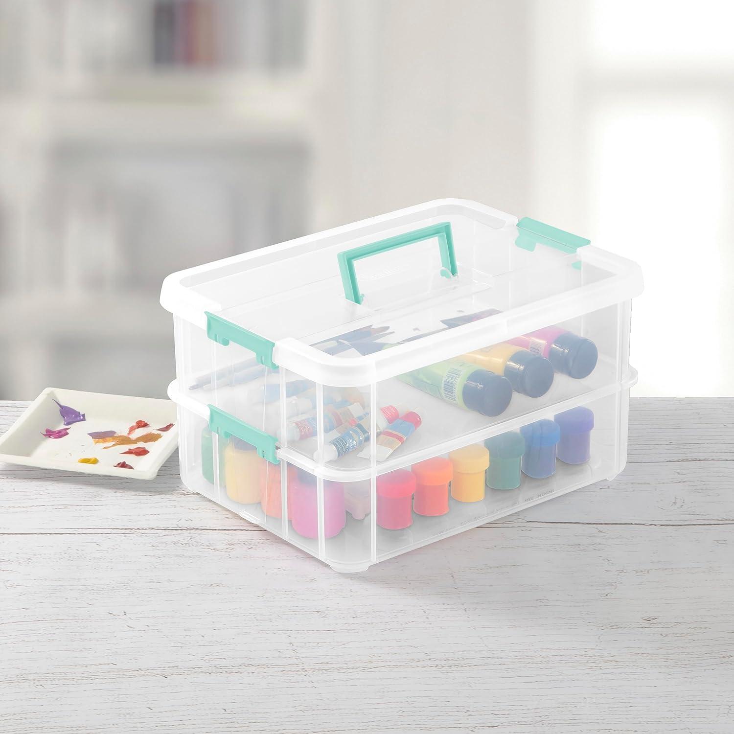 imageSterilite Stack and Carry 2 Layer Handle Box Stackable Plastic Small Storage Container with Latching Lid Bin to Organize Crafts Clear 4Pack