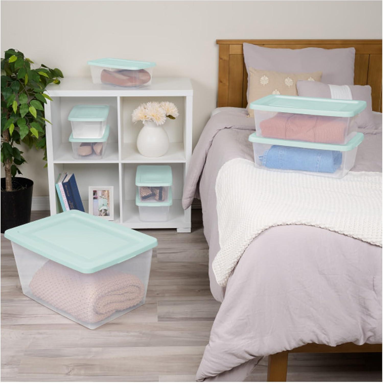 imageSterilite Stackable 6 Quart Clear Home Storage Box with Handles and Blue Lid for Efficient Space Saving Household Storage and Organization 30 PackMindful Mint