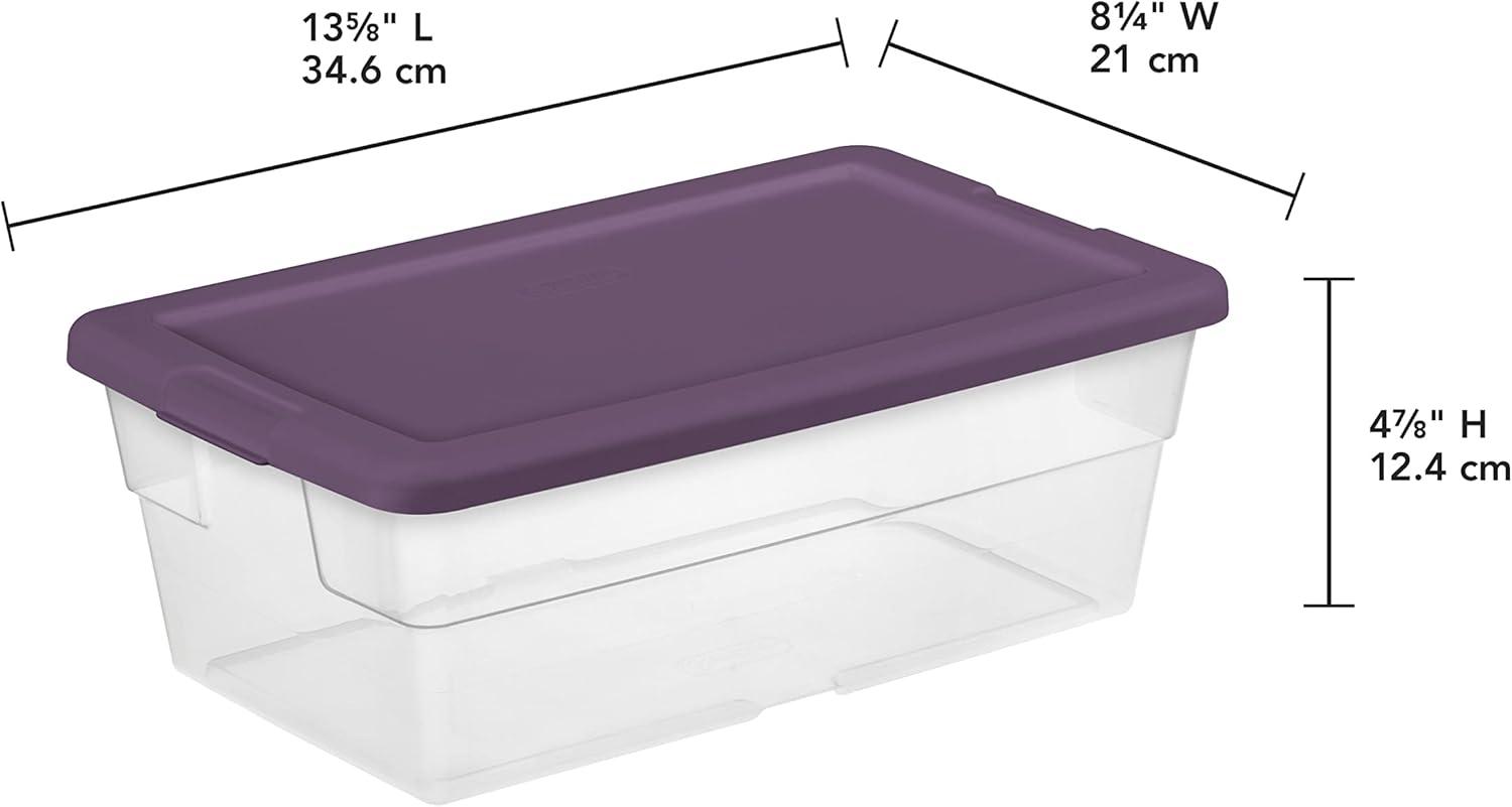 imageSterilite Stackable 6 Quart Clear Home Storage Box with Handles and Purple Lid for Efficient Space Saving Household Storage and Organization 5 Pack