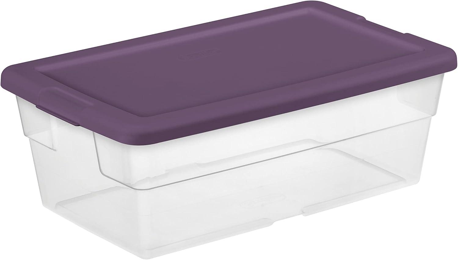 imageSterilite Stackable 6 Quart Clear Home Storage Box with Handles and Purple Lid for Efficient Space Saving Household Storage and Organization 5 Pack