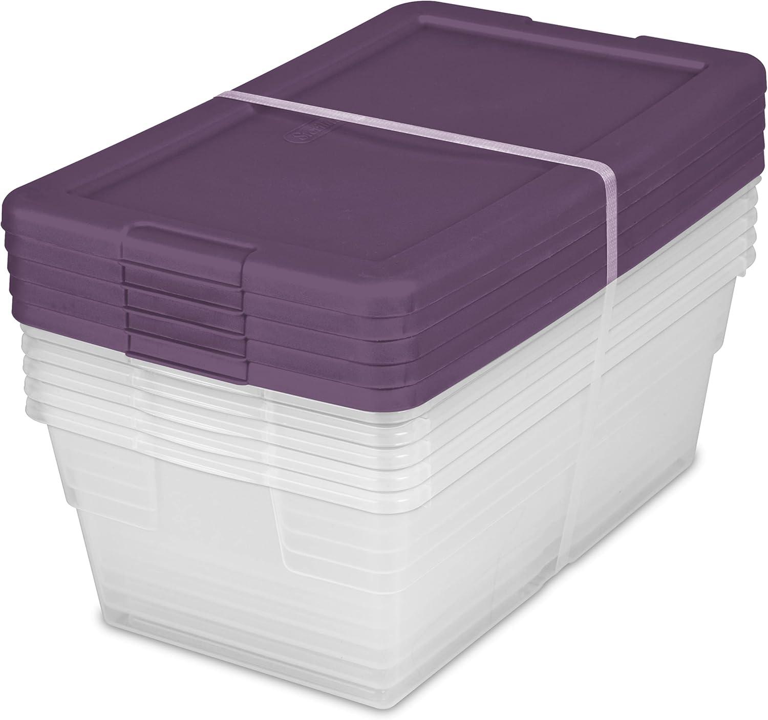 imageSterilite Stackable 6 Quart Clear Home Storage Box with Handles and Purple Lid for Efficient Space Saving Household Storage and Organization 5 Pack