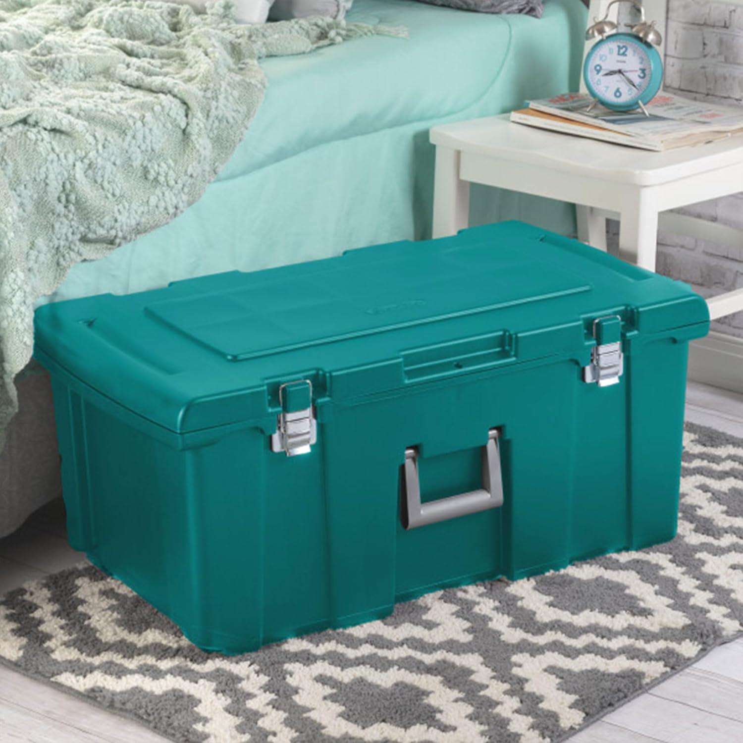 imageSterilite Wheeled Footlocker Lockable Plastic Utility Storage Container BlackBlue