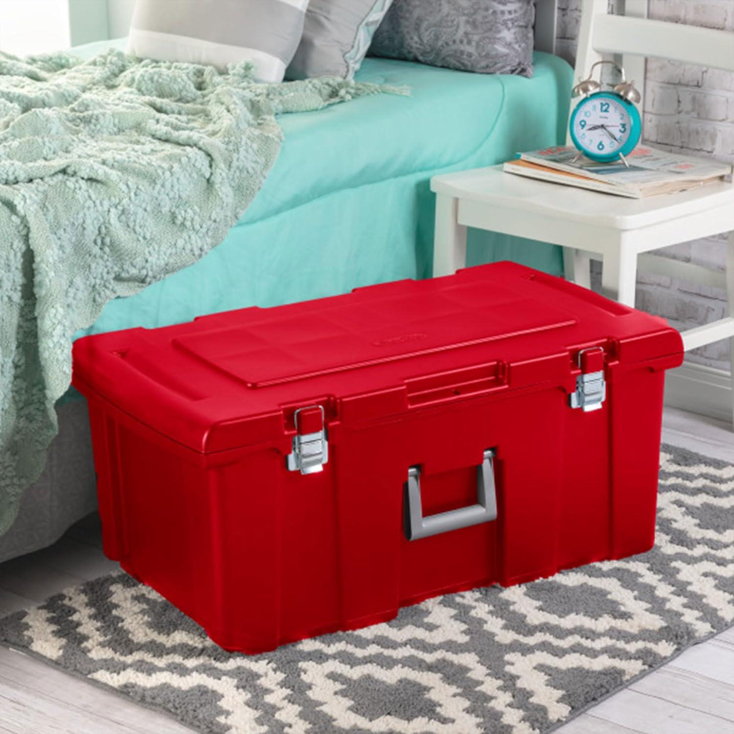 imageSterilite Wheeled Footlocker Lockable Plastic Utility Storage Container BlackRed