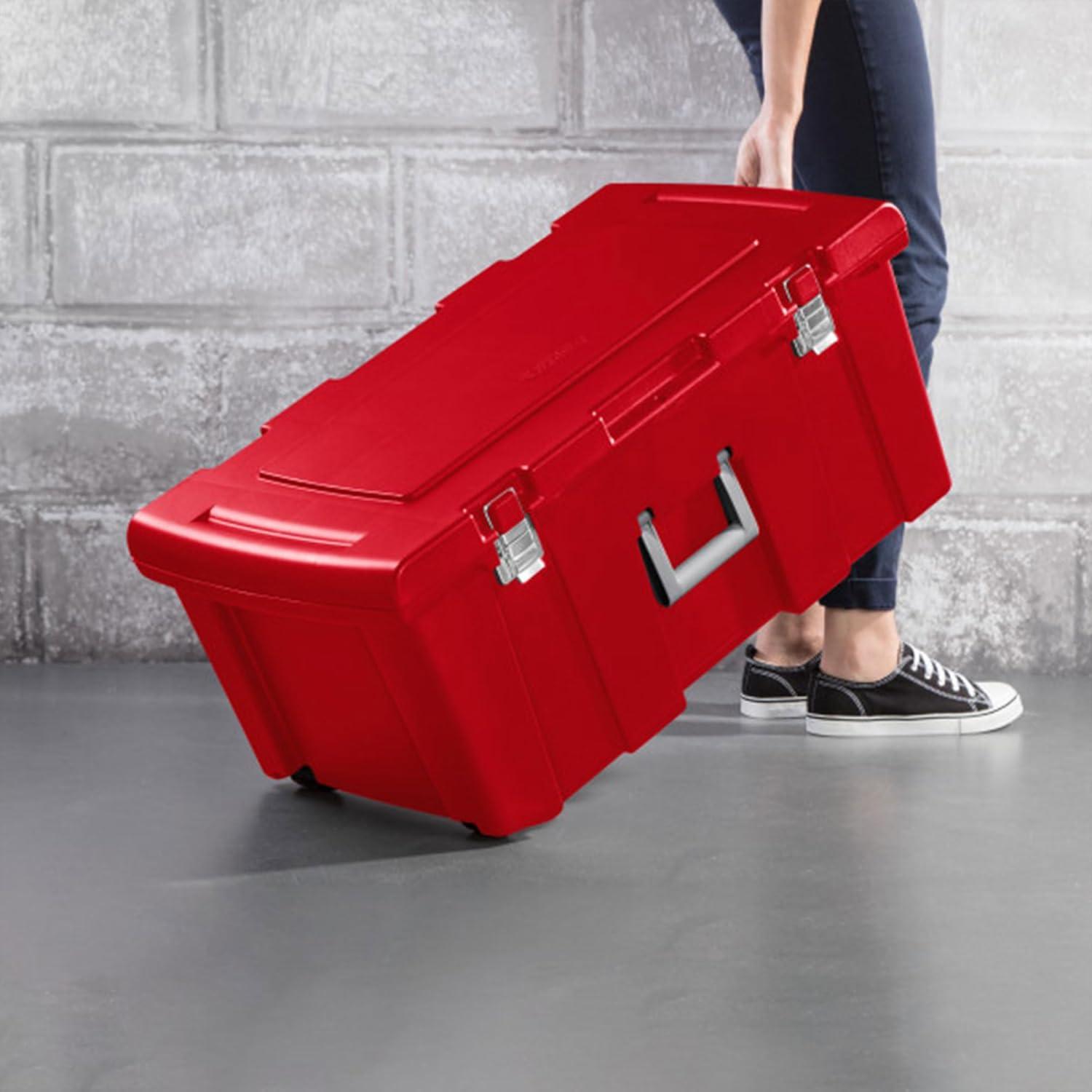 imageSterilite Wheeled Footlocker Lockable Plastic Utility Storage Container BlackRed