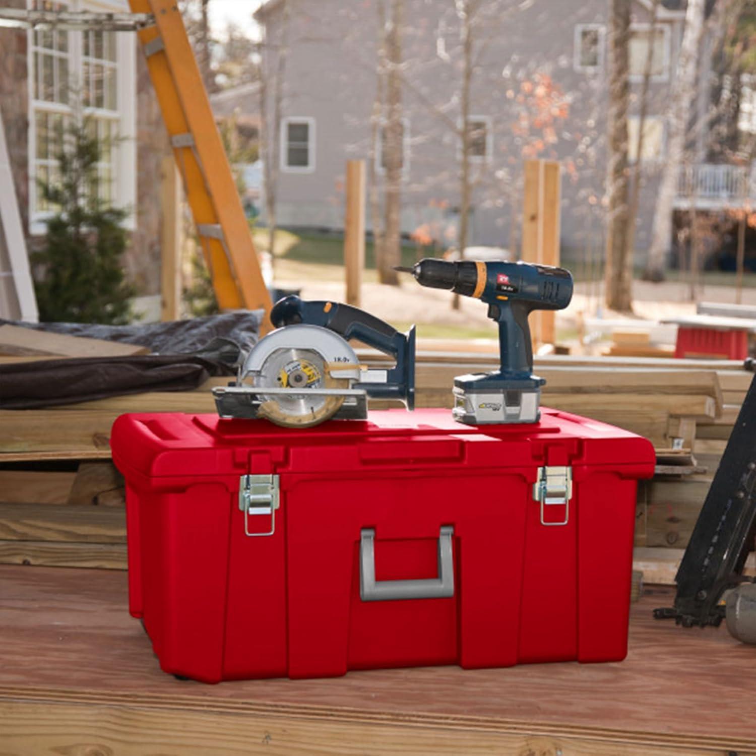 imageSterilite Wheeled Footlocker Lockable Plastic Utility Storage Container BlackRed