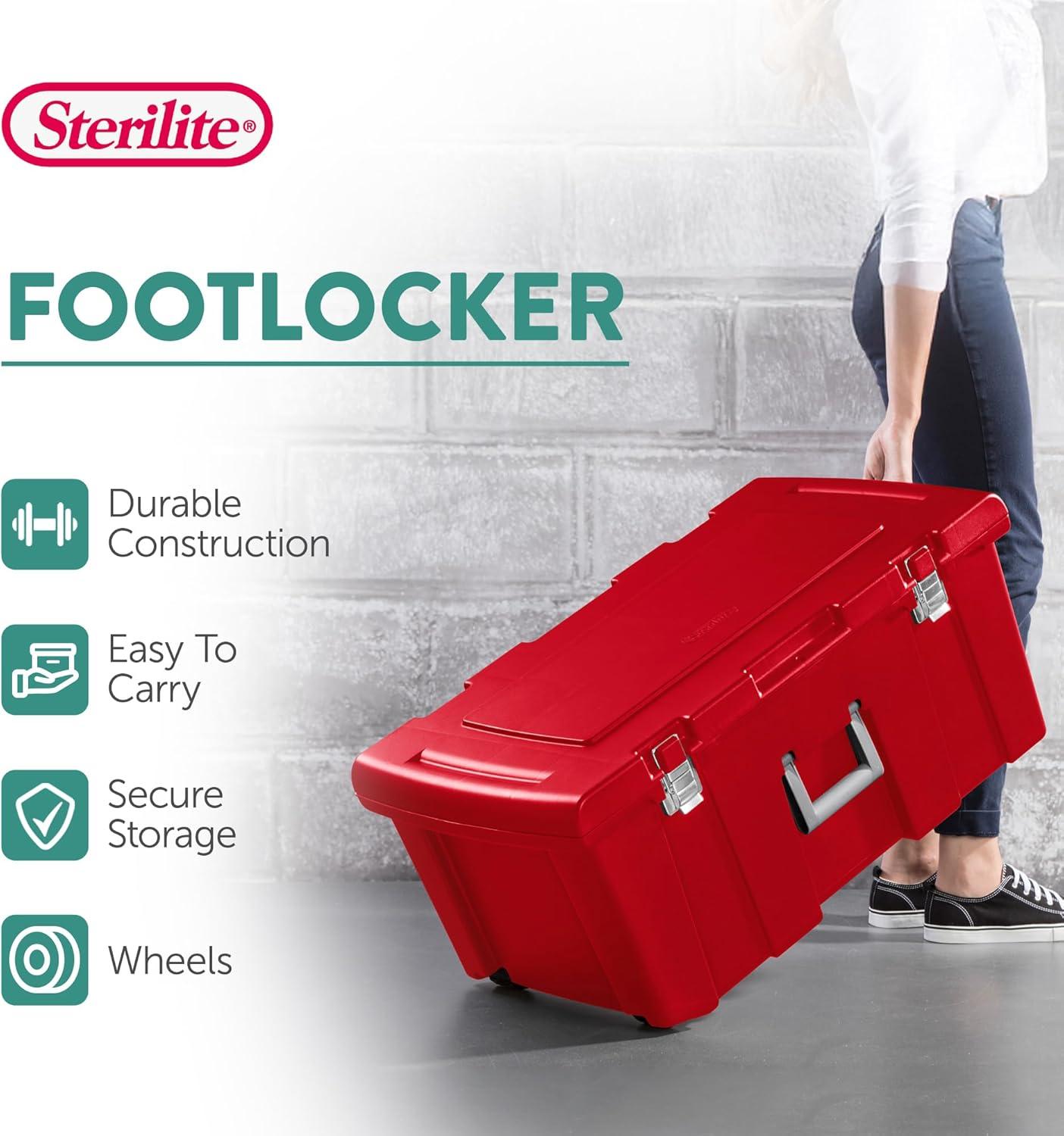 imageSterilite Wheeled Footlocker Lockable Plastic Utility Storage Container BlackRed