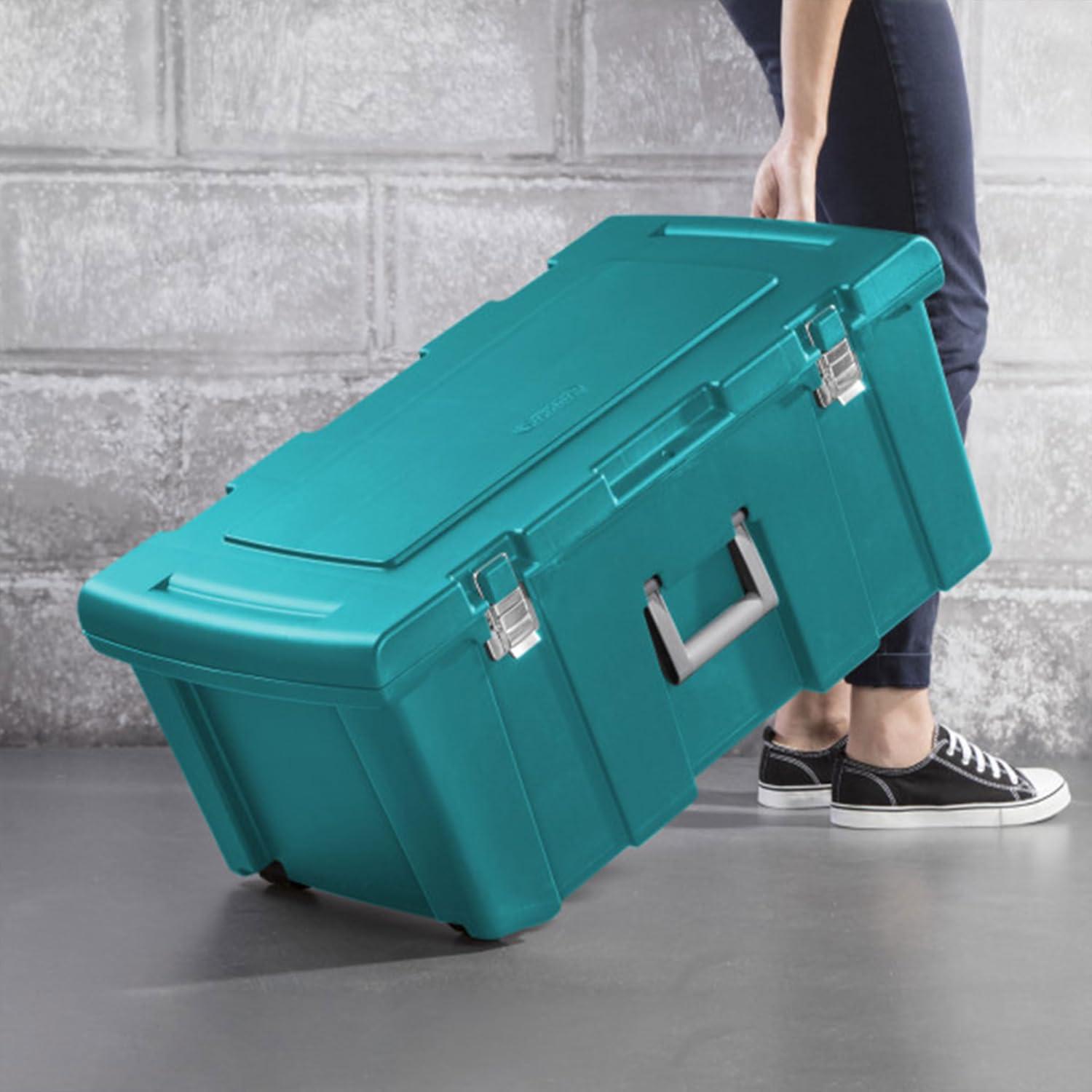 imageSterilite Wheeled Footlocker Lockable Plastic Utility Storage Container BlackTeal