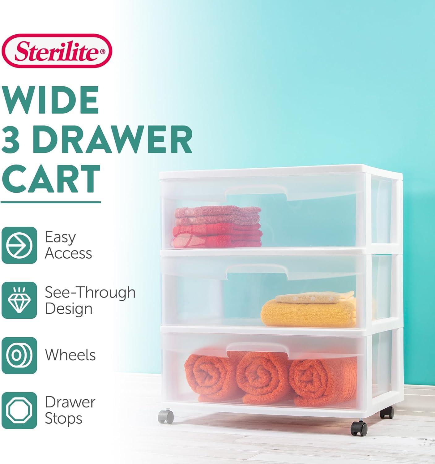 imageSterilite Wide 3 Drawer Storage with Wheels Plastic Rolling Organization Cart White FrameOne Size