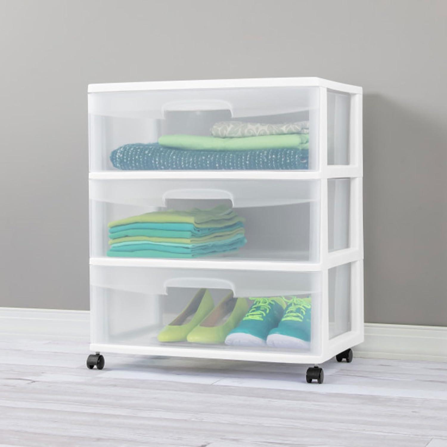 imageSterilite Wide 3 Drawer Storage with Wheels Plastic Rolling Organization Cart White FrameOne Size