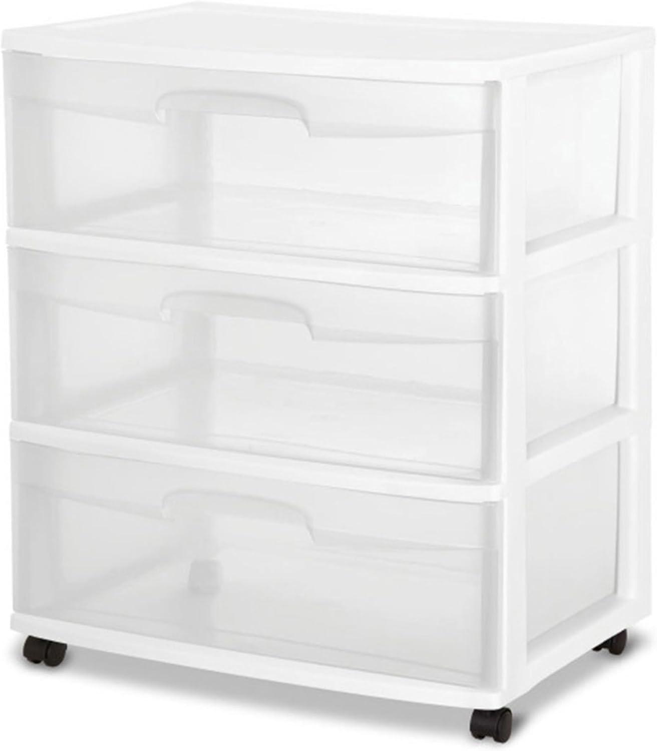 imageSterilite Wide 3 Drawer Storage with Wheels Plastic Rolling Organization Cart White FrameOne Size