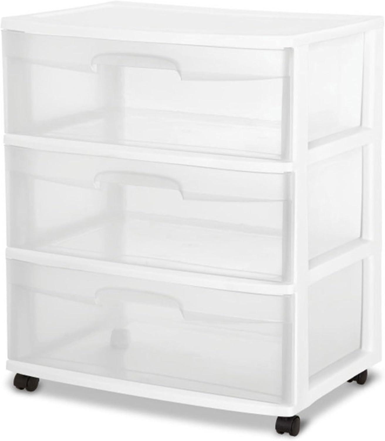 imageSterilite Wide 3 Drawer Storage with Wheels Plastic Rolling Organization Cart White FrameOne Size