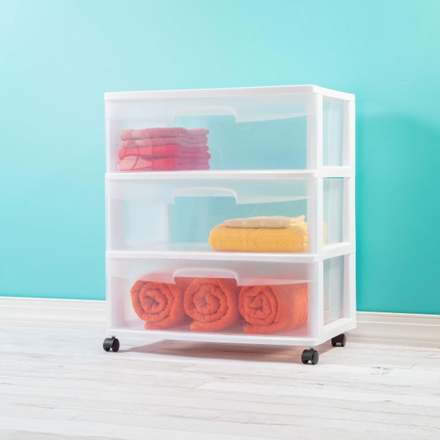 imageSterilite Wide 3 Drawer Storage with Wheels Plastic Rolling Organization Cart White FrameOne Size