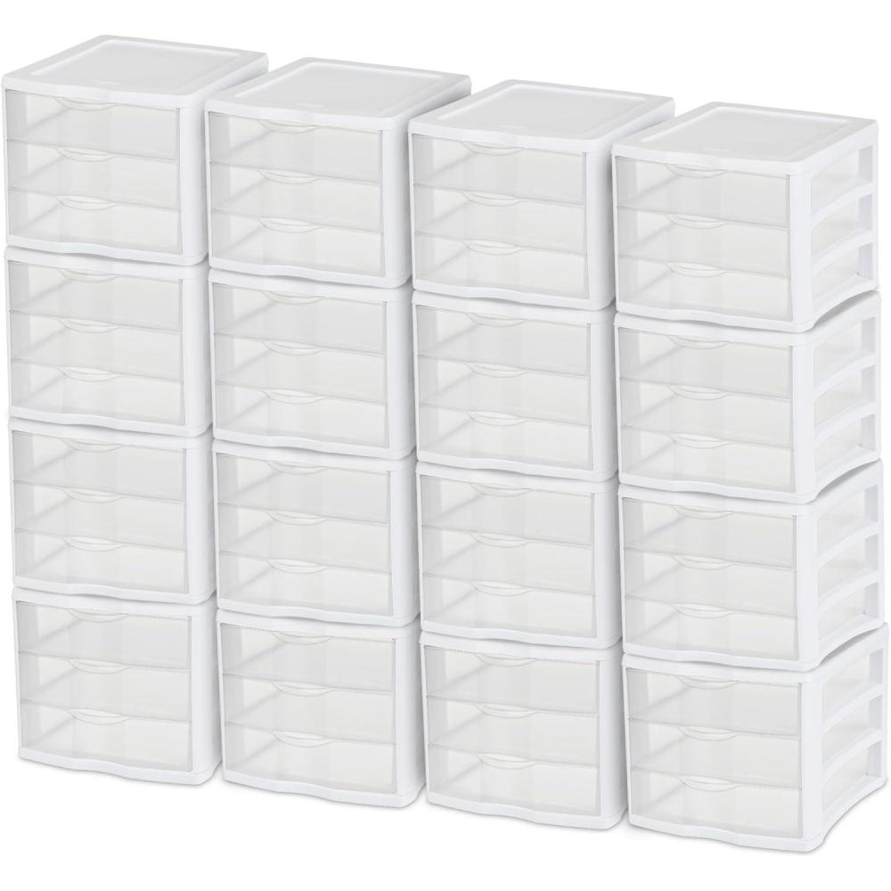 imageSTERILITE 3 Drawer Desktop Storage Unit Tabletop Organizer for Desk Countertop at Home Office Bathroom White with Clear Drawers Pack of 416 Pack