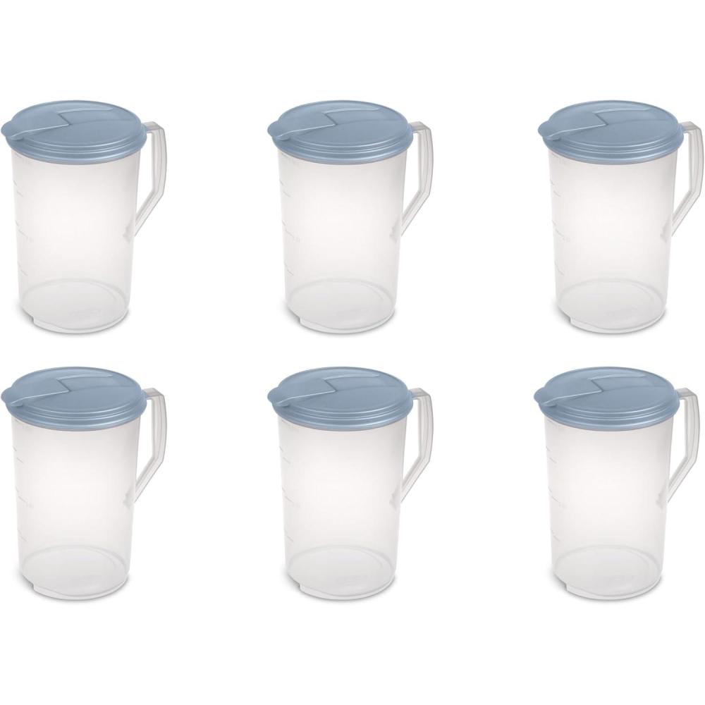 imageSterilite 1 Gallon Round Pitcher Spout and Handle for Easy Pouring of Water or Juice Plastic Dishwasher Safe Plastic Clear wBlue Lid 6Pack